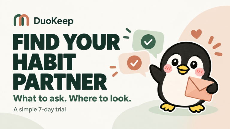 Find Your Habit Partner: invitation messages and a seven-day trial, illustrated with an envelope and the Chask penguin
