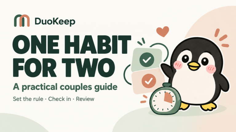 One Habit for Two: a practical couples guide with linked check-in cards, a timer, and the Chask penguin