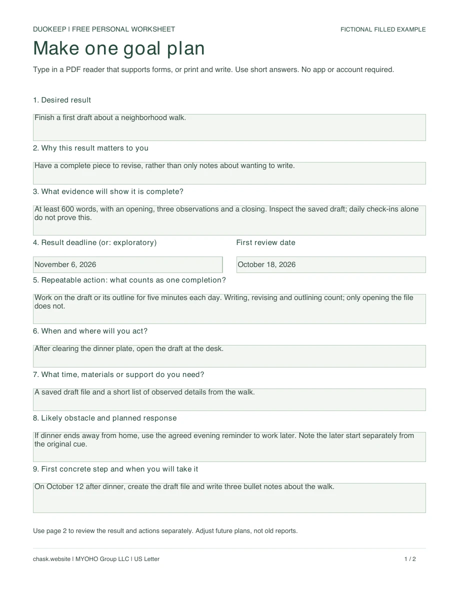 Fictional completed goal plan for a 600-word neighborhood-walk draft