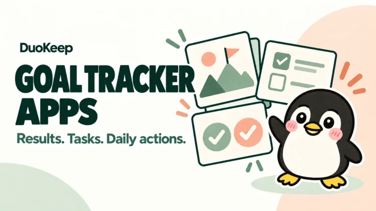 Goal tracker apps: finished results, assigned tasks and daily actions illustrated with the Chask penguin.