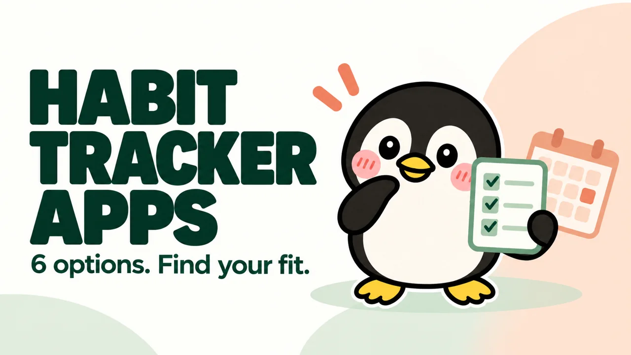 Habit tracker apps: six options to find your fit, illustrated with a penguin, checklist and calendar.