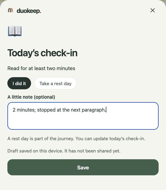 DuoKeep local preview: I did it selected for the two-minute reading rule, with a sample note.