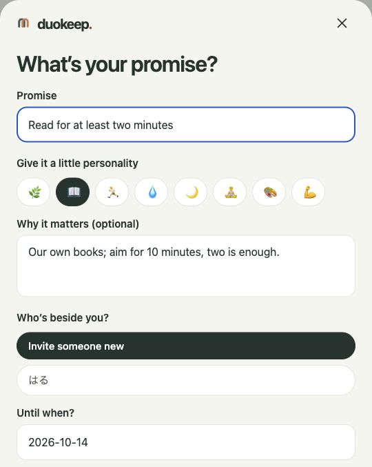 DuoKeep local preview: Read for at least two minutes, with an optional ten-minute aim.