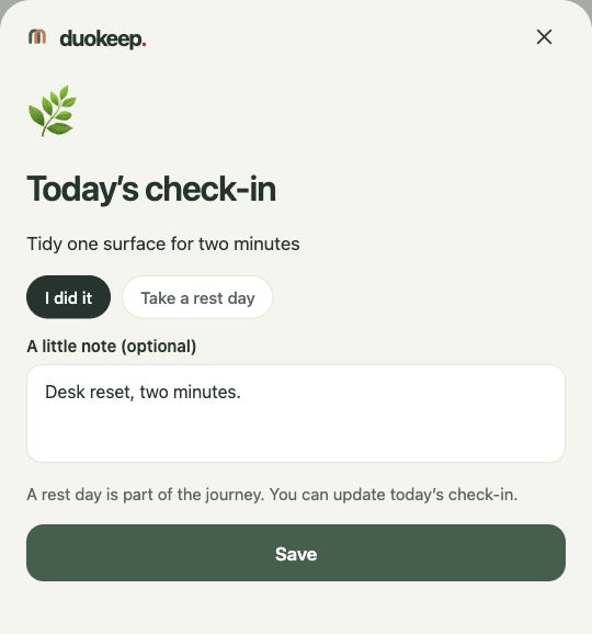 DuoKeep web preview with I did it selected and a sample Desk reset, two minutes note