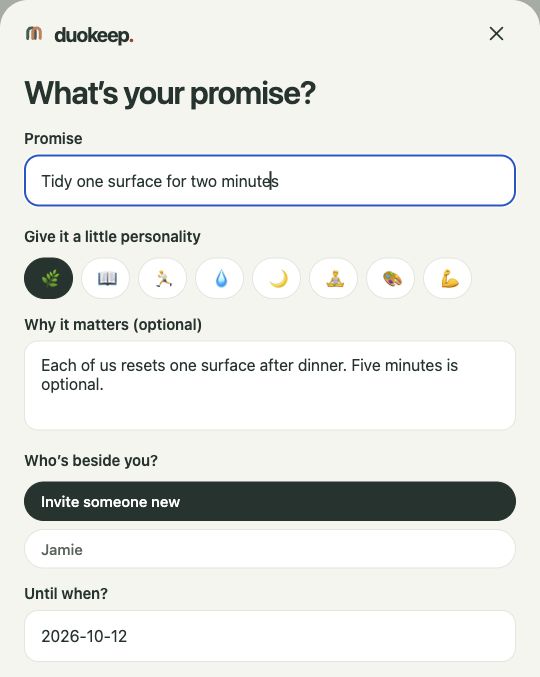 DuoKeep web preview with the two-minute tidying goal, an optional reason and October 12 deadline