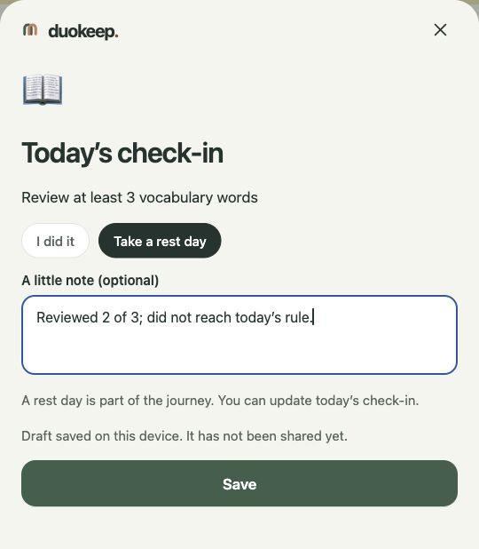 DuoKeep local preview: rest day selected with a note about reviewing two of three vocabulary words.