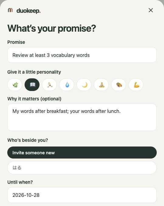 DuoKeep local preview: Review at least 3 vocabulary words, with breakfast and lunch cues.